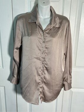 Jon & Anna Taupe Satin Button-Up Blouse Size L